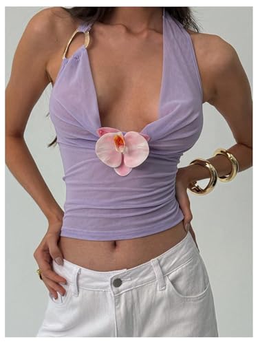 MakeMeChic Women's 3D Floral Crop Tops Mesh Draped Ring Linked Sleeveless Going Out Halter Top4