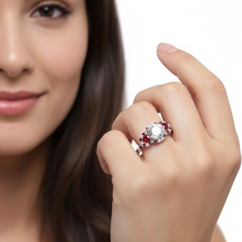 Image of 55Carat Choose Your Gemstone Delicate 3 Stone Halo Diamond CZ Ring Sterling Silver Round Shape Halo Engagement Rings Everyday Jewelry Wedding Jewelry Handmade Gifts for Wife US Size 4 to 12