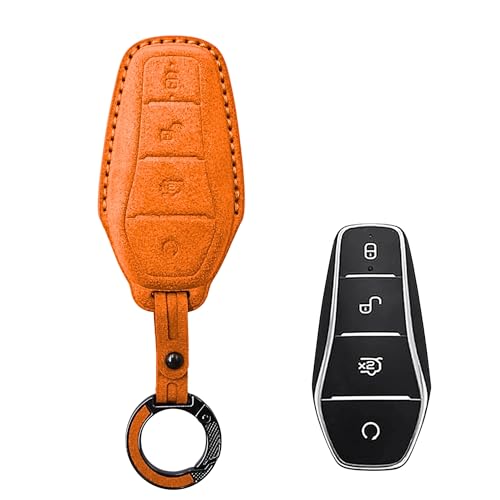 Image of KMH Alcantara Key Cover Compatible with BYD Atto 3 Models Smart Keycover with Keychain 4 Buttons Shell Case Holder Full Key Protector Accessories Smart Keycover with Keychain, Orange - Pack of 2