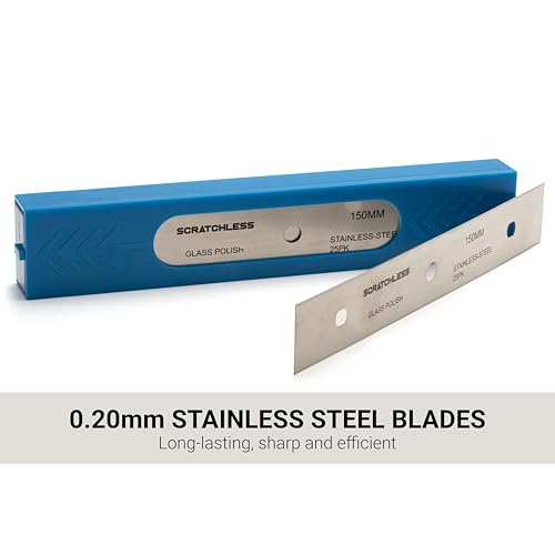 GLASS POLISH 150mm Packung mit 25 doppelseitigen Edelstahlklingen, 0,20mm laserscharfe Ersatzklingen für SCRATCHLESS Schaber oder kompatible Modelle - GP15043