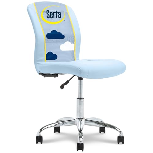 Image of Serta Armless Small Home Desk Chair with Wheel, Ergonomic Mesh Office Chair | Essentials, Leather & Foam Cushioned Seat, Adjustable Height, Vanity Chair for Bedroom & Small Space, 360 Swivel, Sky Blue