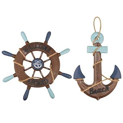 2 Pack 13" Nautical Beach Wooden Ship Wheel and 13" Wooden Anchor with Rope Nautical Boat Steering Wheel Rudder Anchor Wall Art Decor Door Hanging Ornament Beach Theme Home Decoration(Retro Brown) 41CgWan5ADL. SS400