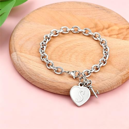 Image of M MOOHAM Heart Initial Bracelets for Girls Women - Engraved 26 Letters Initial Charms Bracelet Stainless Steel Bracelet Birthday Christmas Jewelry Gift for Women Teen Girls