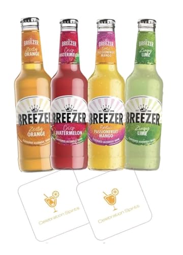 Breezer Mixed Fruit Ready-to-Drink Alcohol Bundle | 4 x 275ml Bottles | 1.1L Total | Lime Watermelon Mango & Passionfruit Orange | Includes 2 Celebration Spirits Beer Mats