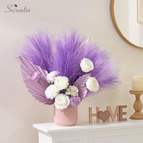 Image of Serwalin 6PCS Pampas Grass Decor, 17.7Inch Purple Artificial Pampas Grass Fluffy Fake Pompas Vase Filler Flower Arrangement for Home Wedding Decor