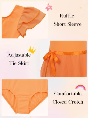 Image of EQSJIU Ballet Leotards for Girls with Removable Skirt Combo Tie Ruffle Sleeve Ballet Dance Dress Outfit 2-12 Years