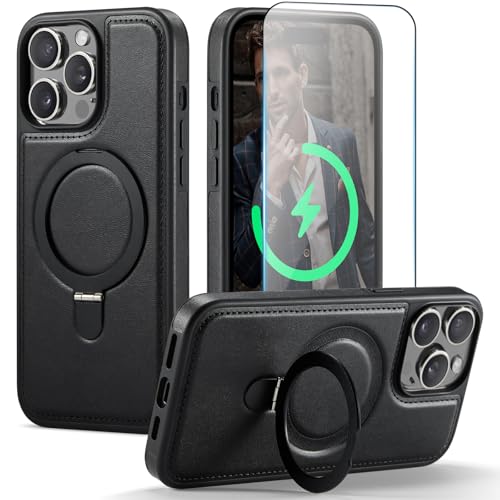 CHEEWADA for iPhone 13 Pro Max Case with Stand Compatible with Magsafe Slim PU Leather & Rubber Drop Proof Magnetic Kickstand Protective Phone Cover with Tempered Glass Screen Protector 6.7
