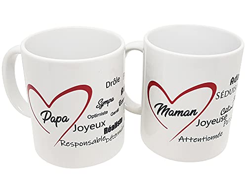 Mug amour maman papa je t'aime duo Lot de 2 tasses céramique avec coeur et compliments haute Qualité Idée Cadeau Originale pour parents Anniversaire Noël Fête Mère Père 325ml