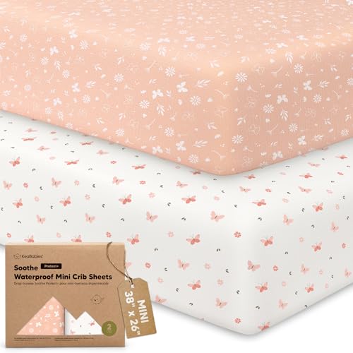 Image of 2 Pack and Play Sheets, Waterproof Mini Crib Sheets Fitted - 38x26 Organic Cotton Pack N Play Sheets for Graco Pack and Play Mattress,Playard Baby Crib Sheets,Neutral for Boy,Girl,Toddler(Butterflies)