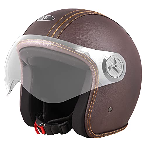 Image of O2 Star Leather Unisex Open Face Helmet with Scratch-Resistant Transparent Visor & Adjustable Strap for Bike Scooty Ride (Brown- M)