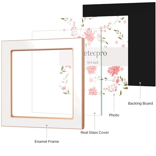 Image of eletecpro 4x4 Enamel Picture Frame with Real Glass Cover, Square Photo Frame with Rose Gold Metal Edge Display Pictures 4 by 4 for Tabletop and Wall Decor, White, 1 Pack