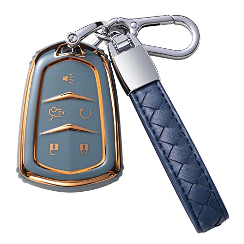 CHEZENHUI for Cadillac Key Fob Cover with Leather Lanyard, Car Key Case Shell Protection for Cadillac Escalade CTS SRX XT5 ATS CT6 5 Buttons Smart Remote Control Protector, Blue
