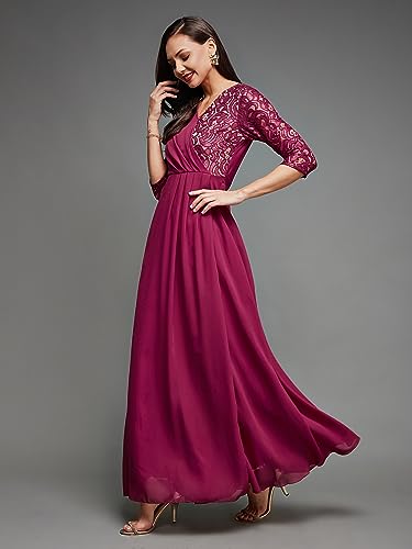 Image of Miss Chase Women's V-Neck Three-Quarter Sleeve Self-Designed Wrap Maxi Georgette Dress