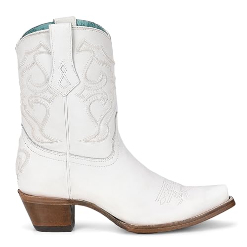 Corral Ladies Ld White Embroidery Ankle Boot, Snip Toe, Leather Sole, 7