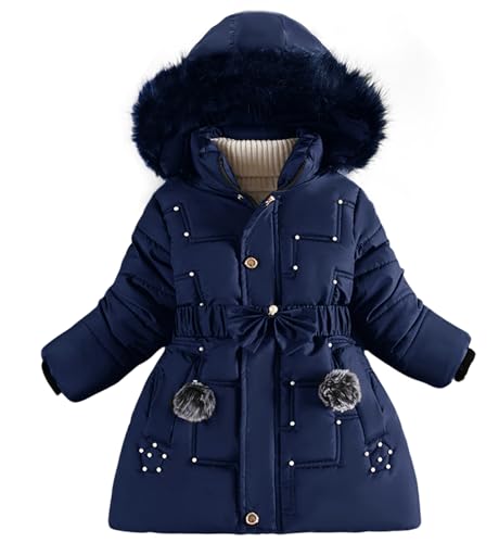 Maeau - Abrigo Plumón Niña Invierno Chaqueta Plumífero con Capucha Desmontable Abrigo Largo de Grueso Cálida Chaqueta Plumas Caliente Acolchada - Azul marino - 4-5 Años