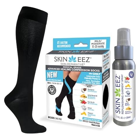 Skineez Medical Grade Compression Socks 10-20mmHg and Replenishing Spray, Firm, Moisuturize & Revitalize Skin, Relieve Foot, Arch, Heel, Calf, and Ankle Pain, Black, S/M, 1 Pair, 1 Spray Cover