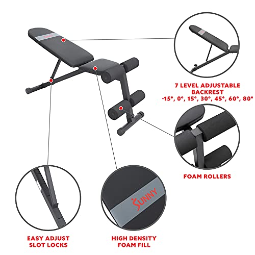 Image of Sunny Health & Fitness Adjustable Weight Bench for Home Gym Strength Training, Incline /Decline, Multi-Position, High Weight Capacity