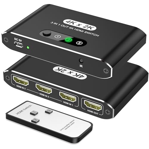 HDMI Switch 3 In 1 Out, Aluminum HDMI Switcher Splitter with Remote, Supports 4K 3D HD Monitor, Compatible with Laptop/PC/DVD Blu-Ray/PS5/PS4/Xbox/HDTV/Roku TV PC and More(Black)
