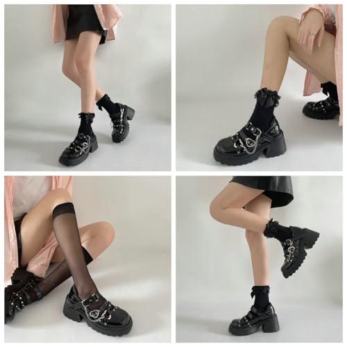 Image of Parisuit Womens Goth Platform Mary Janes Heels Buckle Chain Punk Cosplay Shoes Ankle Strap Chunky Heel Round Toe Pumps