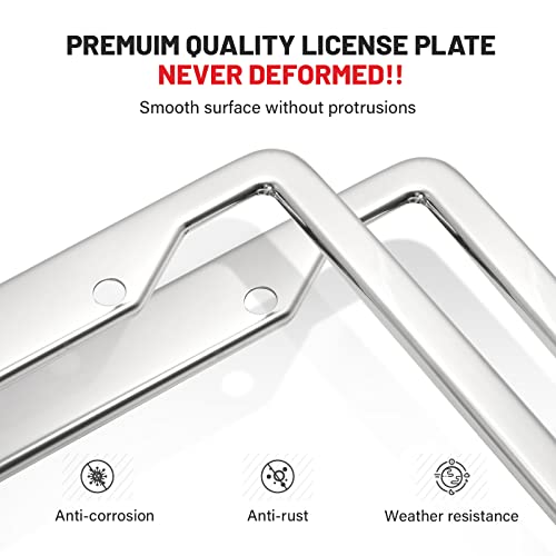 Red Wolf Stainless Steel License Plate Frame Holder 4 Holes Mirror Polish Silver Tag Cover Kit W/Chrome Screws Caps Nylon Insert Nut, Heavy Duty Rustproof Metal Front Rear Fit Car Truck Van Suv, 2Pcs #TOP1