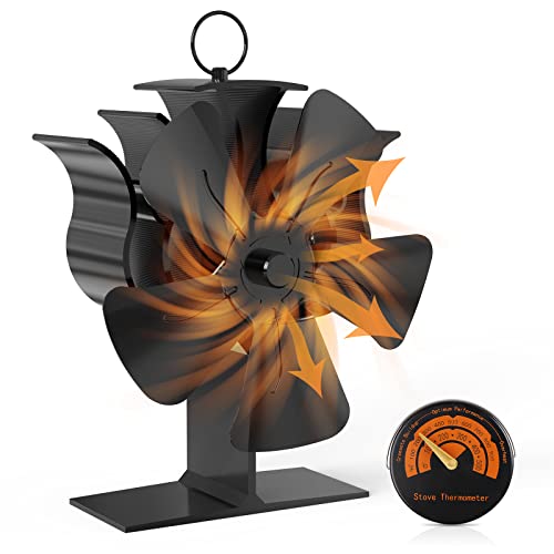 Kaminventilator, 5 Flügel Ofenventilator Stromlos, Kamin Ventilator Leiser Betrieb, Wärmebetriebener Ventilator mit Thermometer, Kaminöfen Ohne Strom Hitzebetrieben für Holz/Holzbrenner/Kamin Erhöht Cover