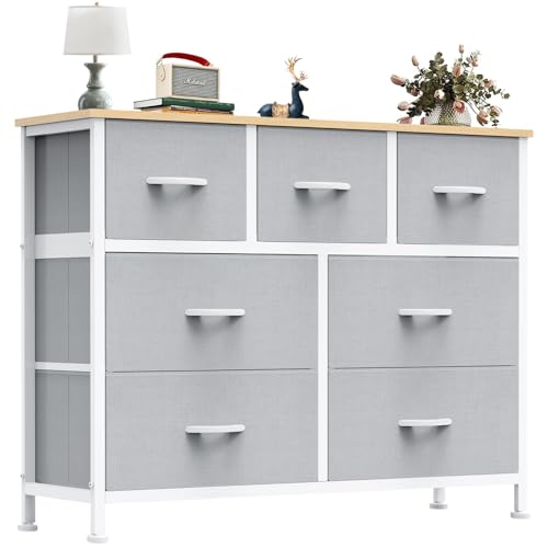 Image of OLIXIS 7 Drawer Closet Organizer Chest, Fabric Storage Tower with Sturdy Steel Frame, Wooden Top & Easy Pull Fabric Bins, Dresser for Bedroom Living Room Entryway Clothes Organization, Light Gray