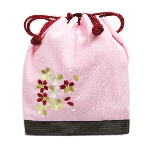 巾着 バッグ 刺繍入り 底かご ちりめん 薄ピンク黒金地金糸入り桜さくら 卒業式 袴 着物 和柄 正方形 女性用 レディース はかま きもの