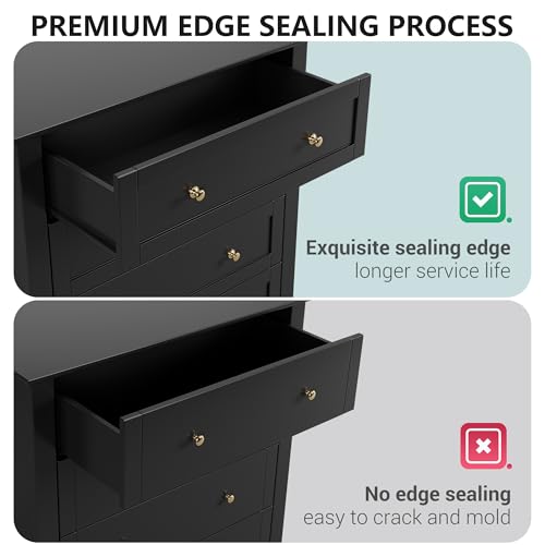 GarveeHome Black 5 Chest of Drawer Dresser, Modern Tall Nightstand with Deep Drawers and Nickel Round Handle, Wood Organizer Storage Cabinet for Bedroom, Living Room, Hallway