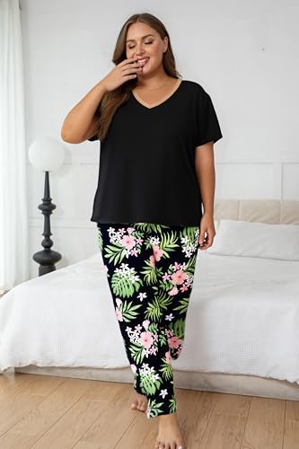 Image of Vozanet Women's Pajama Sets Short Sleeve with Long Pant Soft Sleepwear Printed pj Loungewear With TWO Pockets Size 1X to 5X