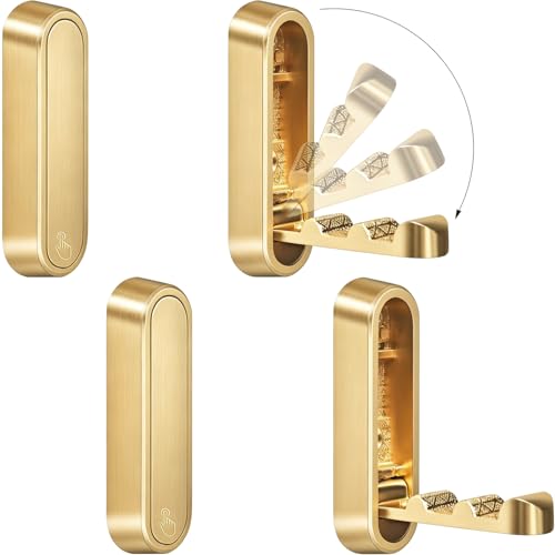 XSGTZMJ 4PCS Foldable Wall Hooks, Flip Down Design with 40 lbs Heavy-Duty Capacity, Retractable Wall Hooks for Bathroom, Bedroom & Entryway Space Saving (Gold)