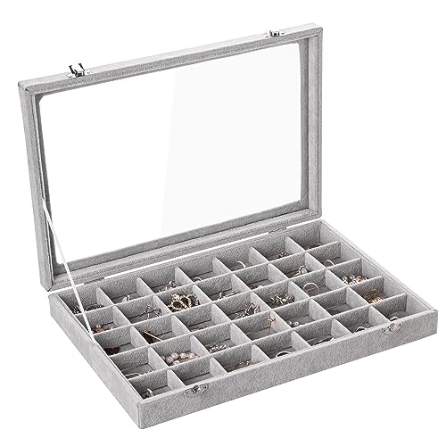 Frebeauty Velvet Jewelry Tray,35 Grid Jewelry Organizer with Clear Lid,Earring Holder Organizer Case with Clasp,Drawer Insert for Rings Studs,13.8 x 9.5 x 2 Inches,Gift for Women Girls(Grey)