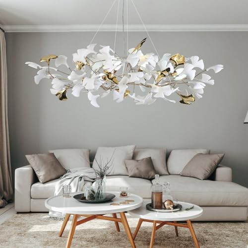 Image of Branch Chandelier Modern Gold Ceramic Ginkgo Leaf Chandeliers L47 Inch Brass Rectangle Chandelier Large Luxury Hanging Lights Fixture for Living Room Dining Room, 6-Light