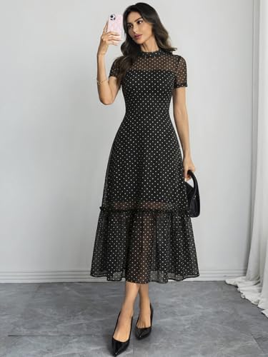 Image of GothDark Women's Summer Floral Mesh Ruffle Dress Short Sleeve Round Neck Waist Cinched Casual Maxi Wedding Guest Dresses