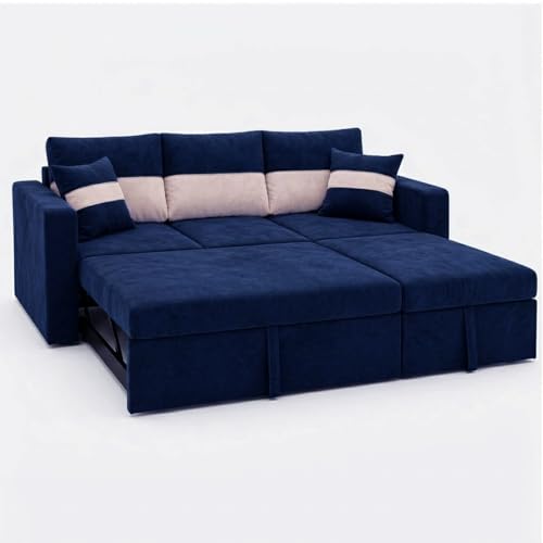 Image of FURNY Soria 4 Seater RHS Lounger Sofa Cum Bed (Dark Blue - Cream) with Pull-Out Function | Luxury Velvet Suede Finish | Durable Comfort | Ideal for Living Room