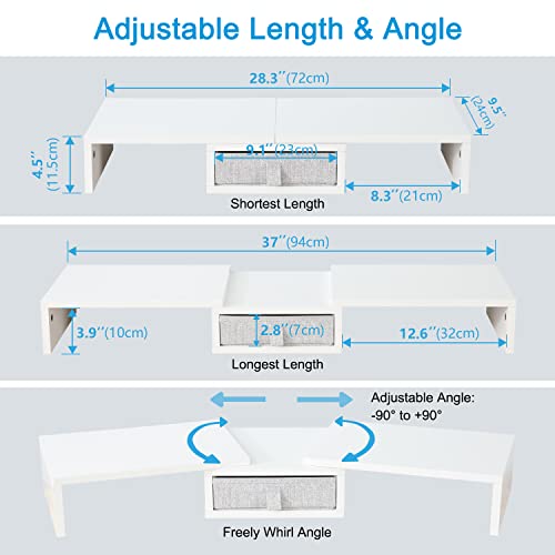 TEAMIX White Dual Monitor Stand Riser with Drawer - Length and Angle Adjustable Double Corner Desk Shelf Organizer 37 inch Long for 2 Laptop/PC/Screen/TV - Thumbnail 4
