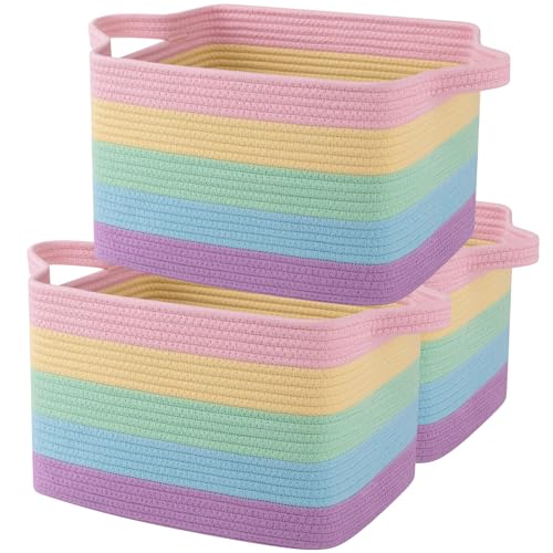 Image of OIAHOMY Storage Basket, Woven Baskets for Storage, Cotton Rope Basket for toys,Towel Baskets for Bathroom - Pack of 3, Rainbow Pastel