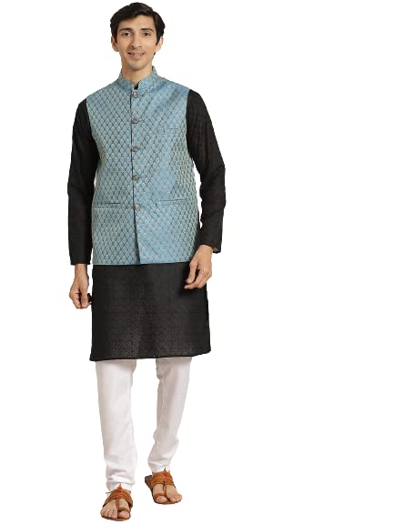 Image of SOJANYA (Since 1958) Men's Silk Blend Dark Green Kurta & Silk Blend Nehrujacket With Off White Churidar Pyjama Set