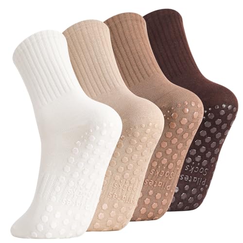 Jspupifip 4 Pairs Pilates Socks with Grips for Women Cotton Athletic Crew Socks for Barre Hospital Workout