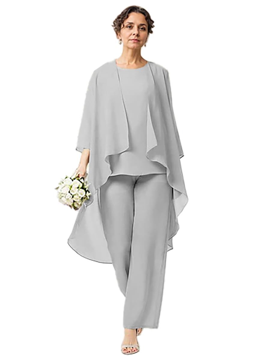 Mother of The Bride Pant Suits 3 Pieces Chiffon Outfit Sets for Wedding Jacket Vest Pant Suits Silver 22