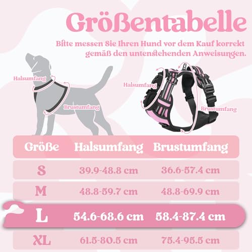 rabbitgoo Hundegeschirr Grosse Hunde, Verstellbare Geschirr Hund ohne Zug & Würgen, Anti Zug Hundegeschirr mit Griff, weich Gepolsterte Reflektierende Brustgeschirr, Rosa L