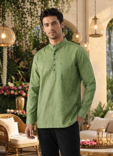 Image of Majestic Man Men's Cotton Blend Textured Regular Fit Full Sleeve Short Kurta