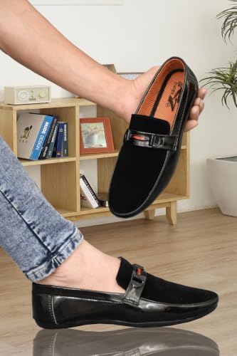 Image of Men's Premium Black Velvet Loafers | Slip-On Formal Dress Shoes with Glossy Patent Leather Finish & Metal Buckle | Comfortable Lightweight Wedding, Party & Office Wear Footwear