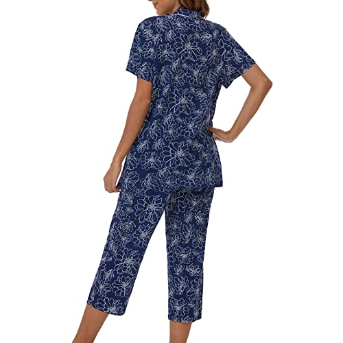Image of Tugege Capri Pajamas Set Womens Button Down Short Sleeve Lounge Sets Sleepwear Notch Collar Top & Capri 2 Piece PJ Sets