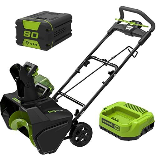 Quitanieves motorizado Greenworks 80V para calzadas, aceras, terrazas, Motor sin escobillas, Ancho de desbroce de 51 cm, tolva giratoria de 180 Grados, con batería de 2Ah y Cargador