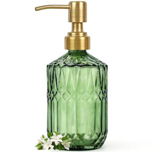 Ritrsvey Green Glass Soap Dispenser (15.4 Oz 1 Pack) Dish Soap Dispenser with Golden Rust Proof Pump for Kitchen Sink Refillable Bathroom Hand Soap Lotion Dispenser