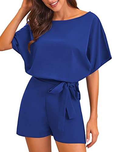 Vetinee Womens Royal Blue Summer Casual Belted Romper Keyhole Back Short Sleeve Jumpsuit Playsuit Medium #TOP2