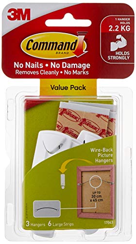 Command Wire Back Picture Hanging Hooks Value Pk with Water Resist Strips Large 3HK+6S