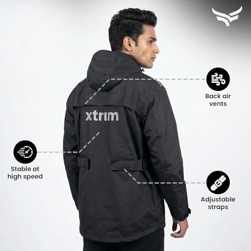 Image of Xtrim Waterproof Biker Jacket for Men, Windproof Motorcycle Rain Jacket with Hood, Reflective 360 Safety, Double Flap Zipper, Air Vents, Adjustable Fit, Windproof Motorcycle Raincoat, L, Black