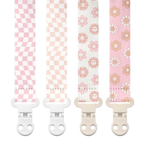 Image of Stadela Baby Pacifier Clip Holder - Girl 4 Pack Gift Set – Retro Checker Smiley Flowers Floral Pink Beige Yellow