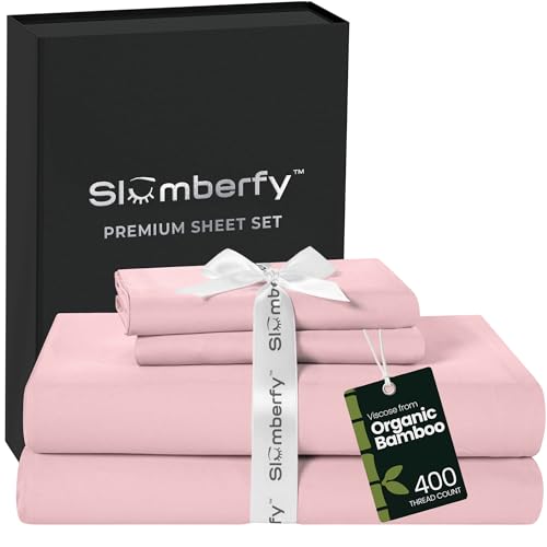 Image of Slumberfy Viscose-Bamboo Bed Sheets, King, Cooling Deep Pocket, Light Pink